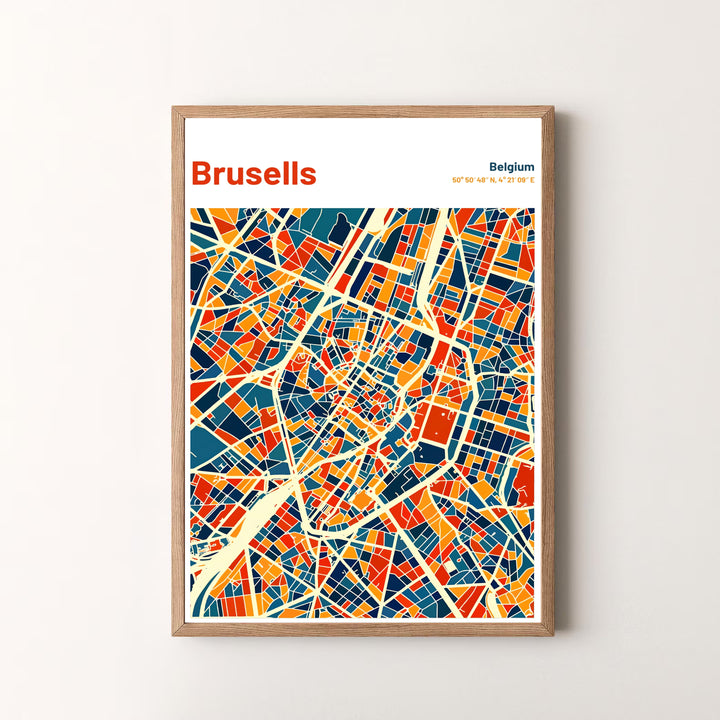A colorful modern map print illustrating the full urban grid and latitude/longitude coordinates of Brussels in Belgium. Offered by MapYourDreams, this artwork is available in flexible options including unframed paper, custom wooden frames, and gallery canvas wraps.