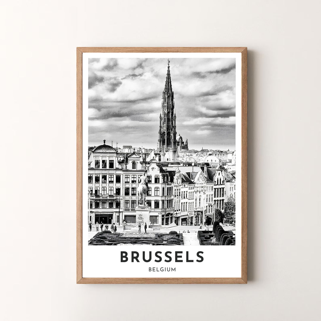 Sophisticated European city decor illustrating the historic view and dramatic black and white tone of Mont des Arts in Brussels, Belgium. Available in multiple presentation styles such as unframed paper prints, custom framed posters, and gallery stretched canvas.