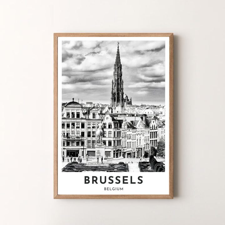 Sophisticated European city decor illustrating the historic view and dramatic black and white tone of Mont des Arts in Brussels, Belgium. Available in multiple presentation styles such as unframed paper prints, custom framed posters, and gallery stretched canvas.