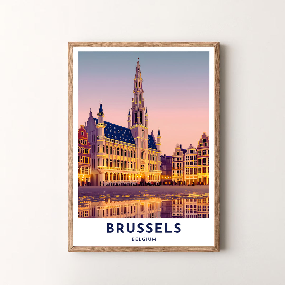 A striking sunset print showcasing the detailed Town Hall facade and glowing cobblestone reflection in Brussels, Belgium. Offered by MapYourDreams, this artwork is available in flexible options including unframed paper, custom wooden frames, and gallery canvas wraps.