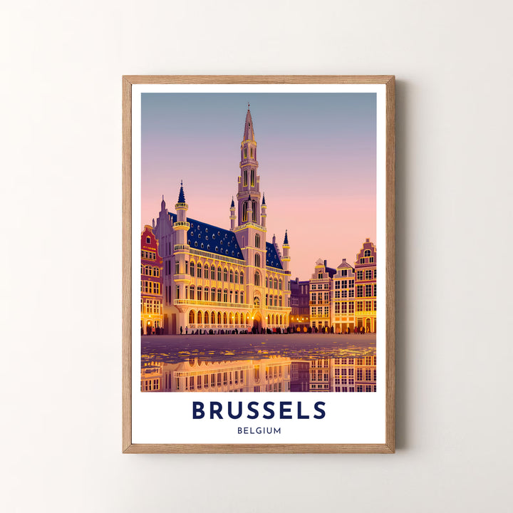A striking sunset print showcasing the detailed Town Hall facade and glowing cobblestone reflection in Brussels, Belgium. Offered by MapYourDreams, this artwork is available in flexible options including unframed paper, custom wooden frames, and gallery canvas wraps.