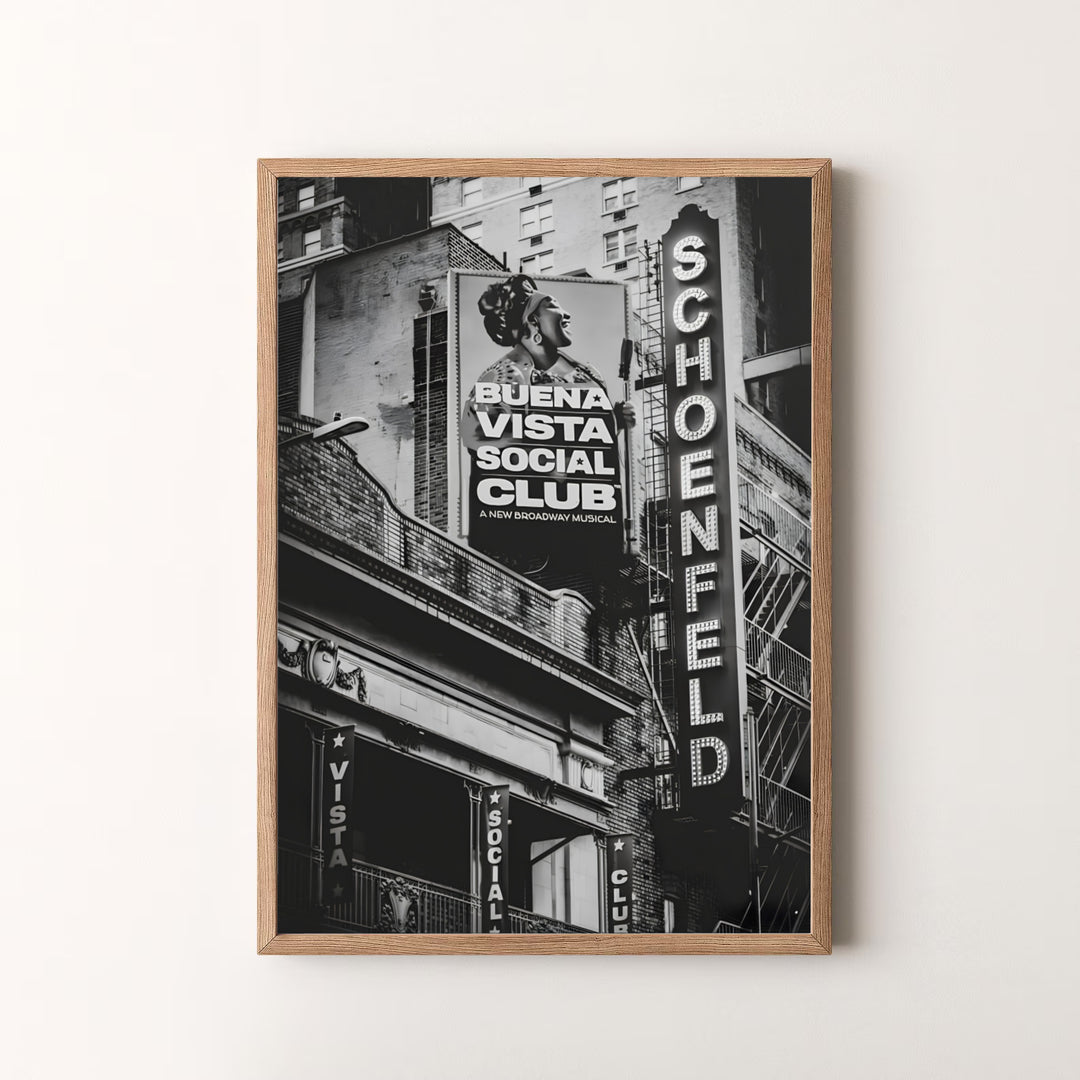 Bold black and white Manhattan landmark art piece detailing the vertical marquee, brick masonry, and street banners at the Gerald Schoenfeld Theatre, available at MapYourDreams as an unframed print, a stretched canvas, or custom framing options to complement statement gallery wall setups.