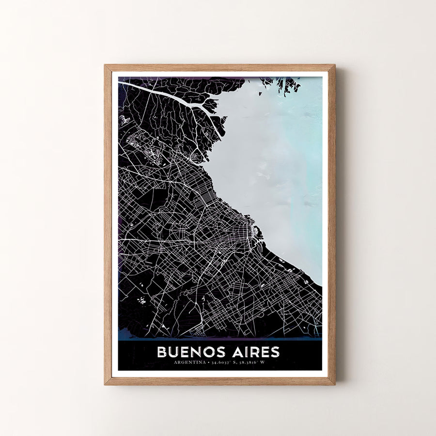 Minimalist bordered map poster of Buenos Aires featuring crisp coordinates text and high contrast city grid artwork. Available in the MapYourDreams studio, this geographic print is offered as unframed archival paper, framed wall art, or gallery canvas wraps.