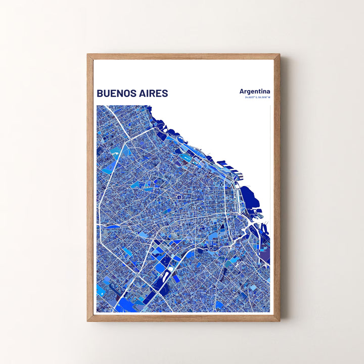 Minimalist map poster of Buenos Aires featuring crisp coordinates text and a vibrant blue geometric city grid design. Available in the MapYourDreams studio, this geographic print is offered as unframed archival paper, framed wall art, or gallery canvas wraps.