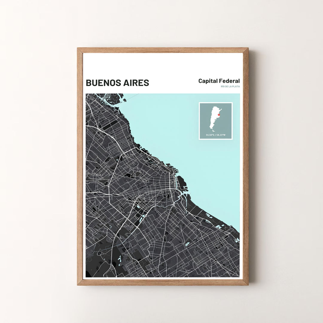 Minimalist map poster of Buenos Aires featuring an Argentina locator inset and high contrast city grid artwork. Available in the MapYourDreams studio, this geographic print is offered as unframed archival paper, framed wall art, or gallery canvas wraps.