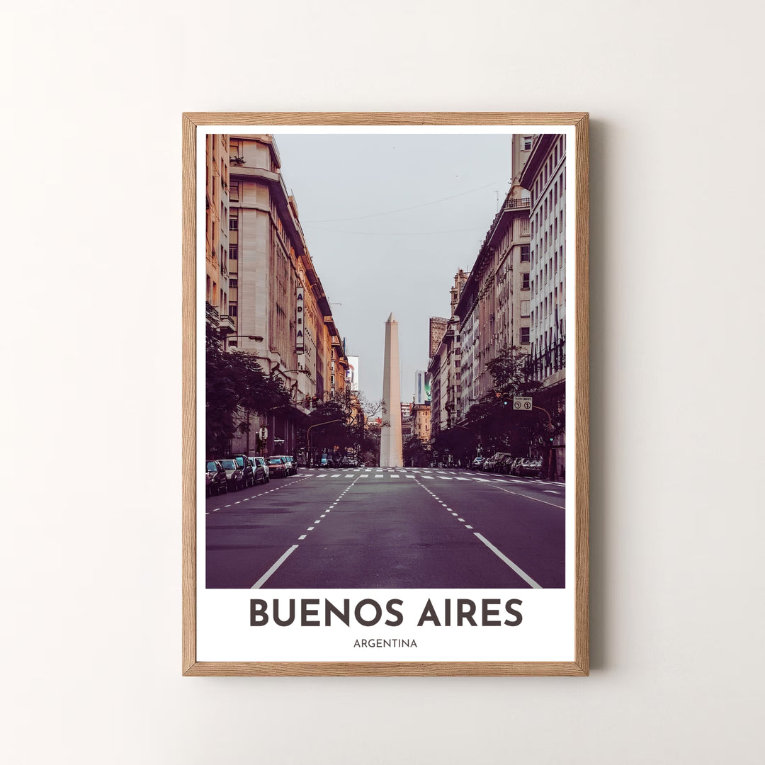 Minimalist framed style travel poster featuring a warm vintage photo of El Obelisco in Buenos Aires with clean title lettering. Available in the MapYourDreams studio, this geographic print is offered as unframed archival paper, framed wall art, or gallery canvas wraps.