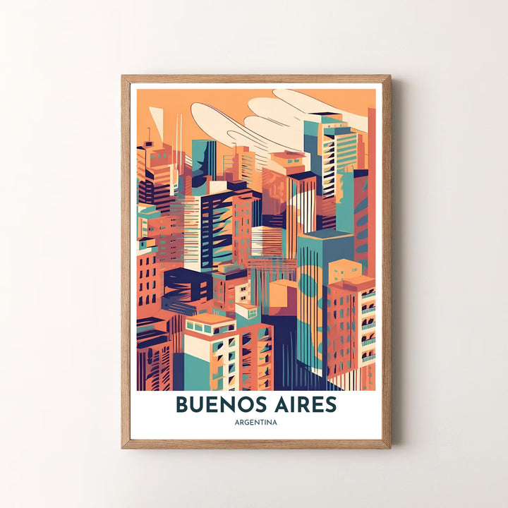 Stylized cityscape print celebrating South American architecture with teal, peach, and deep navy geometric buildings. Skillfully produced by MapYourDreams, this artwork is provided in multiple formats including unframed paper stock, custom frames, or stretched canvas wraps.