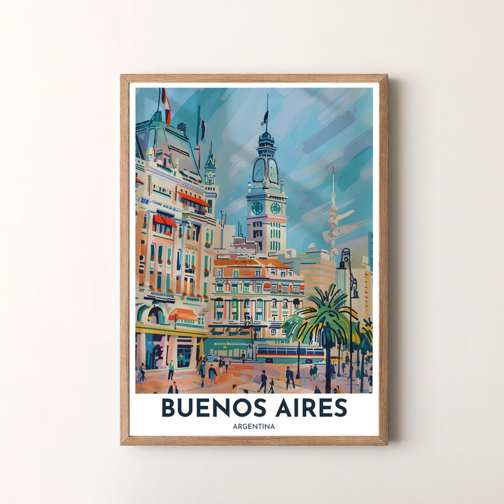 Modern fine art travel poster featuring a sunlit painterly view of the historic Buenos Aires cityscape and clock tower. Available in the MapYourDreams studio, this geographic print is offered as unframed archival paper, framed wall art, or gallery canvas wraps.
