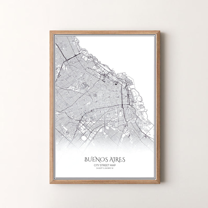 Modern minimalist travel poster displaying a black and white street map of Buenos Aires with geographic coordinate lettering. Available in the MapYourDreams studio, this geographic print is offered as unframed archival paper, framed wall art, or gallery canvas wraps.