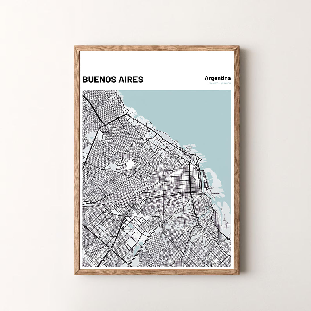 Modern minimalist travel poster displaying a street map of Buenos Aires with clean header typography and geographic coordinates. Available in the MapYourDreams studio, this geographic print is offered as unframed archival paper, framed wall art, or gallery canvas wraps.