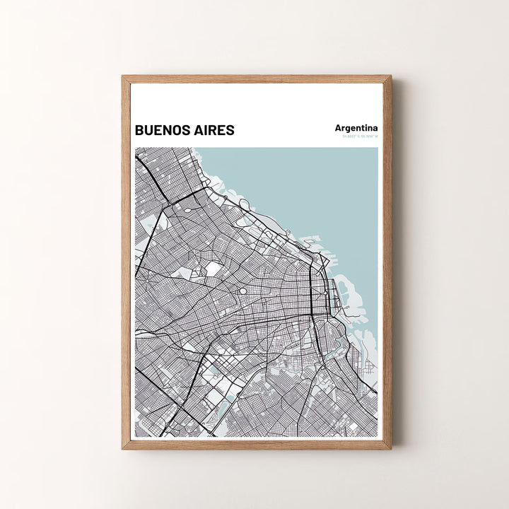 Modern minimalist travel poster displaying a street map of Buenos Aires with clean header typography and geographic coordinates. Available in the MapYourDreams studio, this geographic print is offered as unframed archival paper, framed wall art, or gallery canvas wraps.