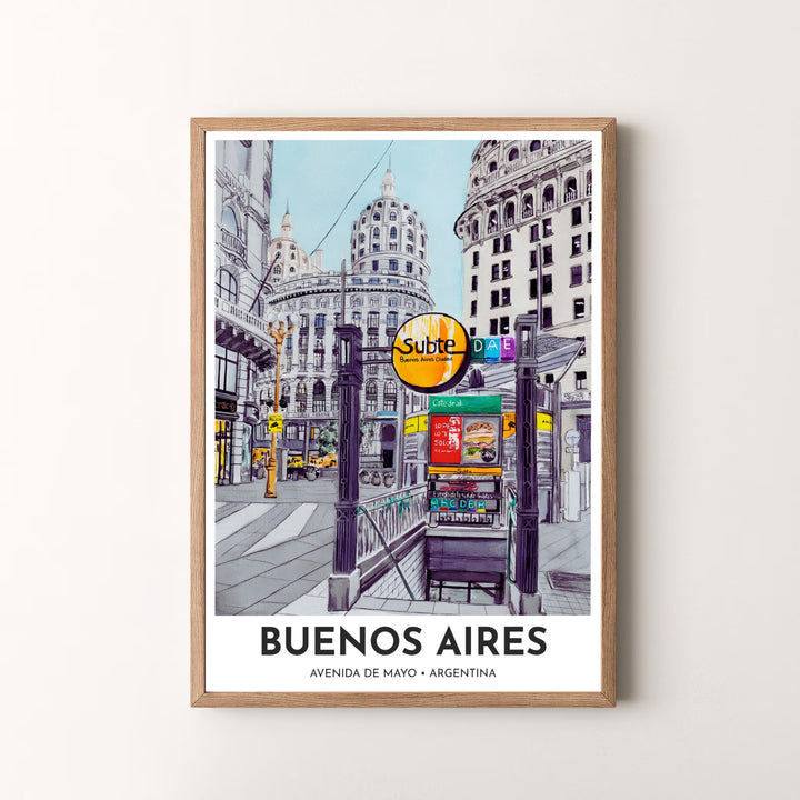 Modern travel poster featuring a watercolor illustration of the Subte metro entrance on Avenida de Mayo with bold title text. Available in the MapYourDreams studio, this geographic print is offered as unframed archival paper, framed wall art, or gallery canvas wraps.