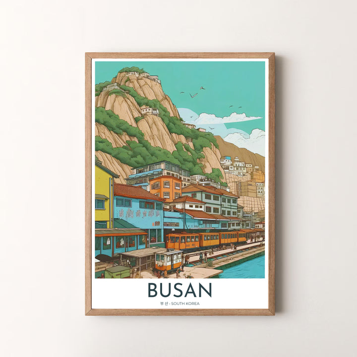 Fine art vector poster of Busan, South Korea, depicting the unique harmony of coastal train routes, pastel terraced houses, and towering rocky mountain peaks. Offered by MapYourDreams, this artwork is available in flexible options including unframed paper, custom wooden frames, and gallery canvas wraps.