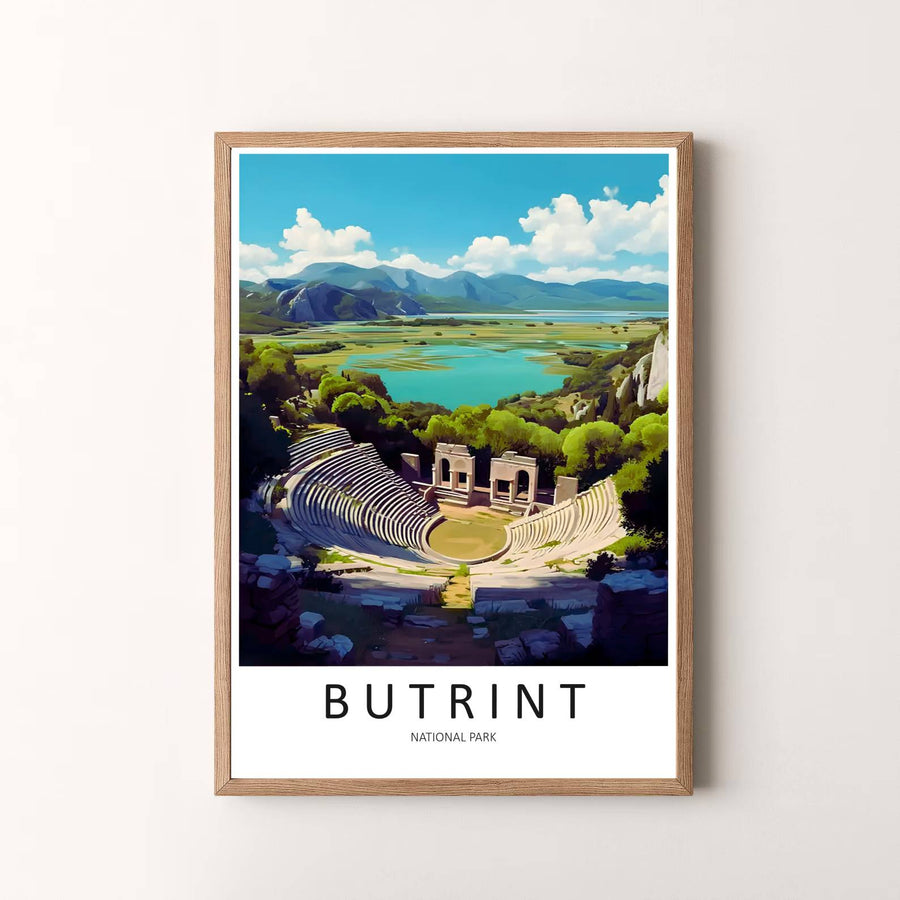 Premium travel poster depicting Butrint National Park Albania in vibrant European colors, designed to bring history and nature into your living space. Offered by MapYourDreams, this artwork is available in flexible options including unframed paper, custom wooden frames, and gallery canvas wraps.