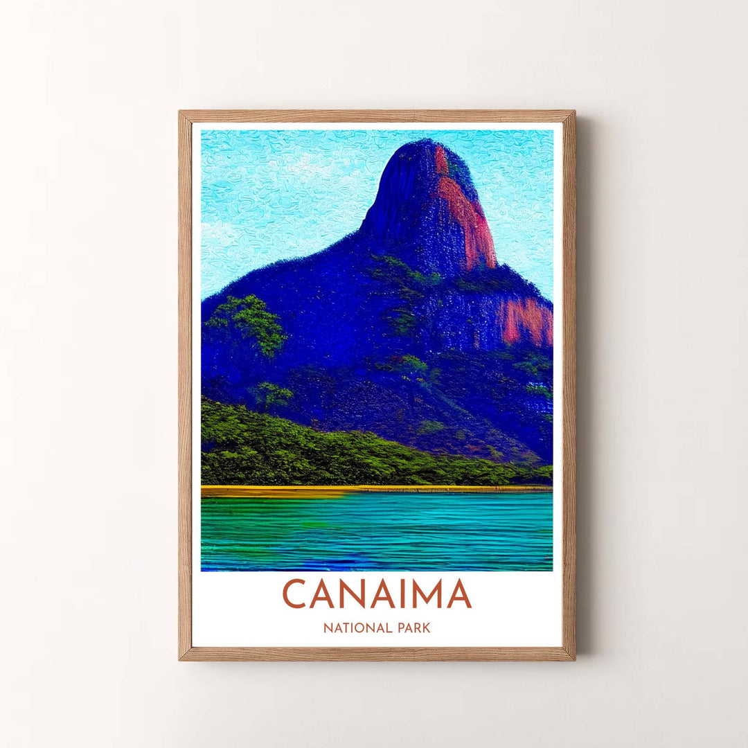 Modern painterly travel artwork featuring an expressive view of Canaima tepui mountains and tropical river views in Venezuela. Available in the MapYourDreams studio, this geographic print is offered as unframed archival paper, framed wall art, or gallery canvas wraps.