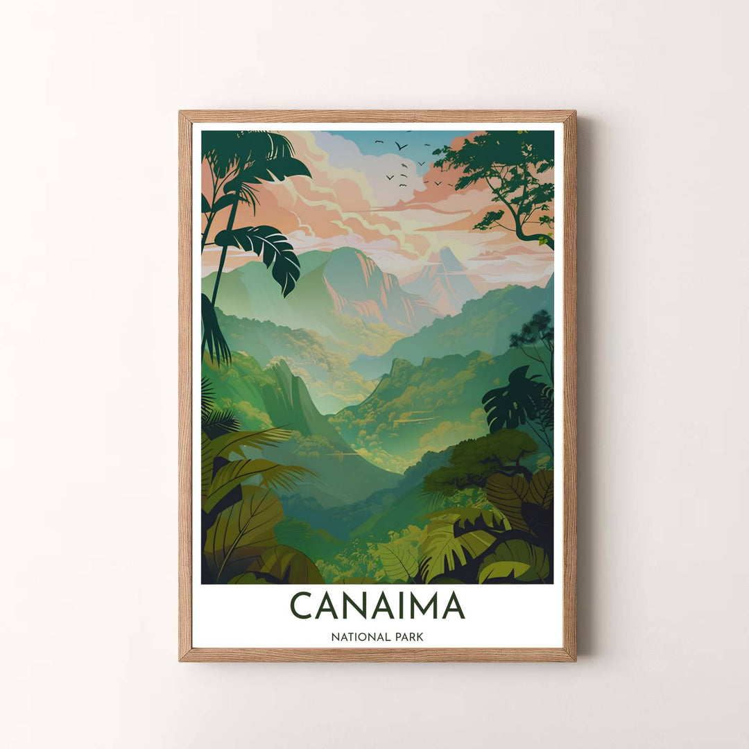 Modern tropical travel artwork featuring a serene sunrise view across Canaima National Park in Venezuela. Available in the MapYourDreams studio, this geographic print is offered as unframed archival paper, framed wall art, or gallery canvas wraps.