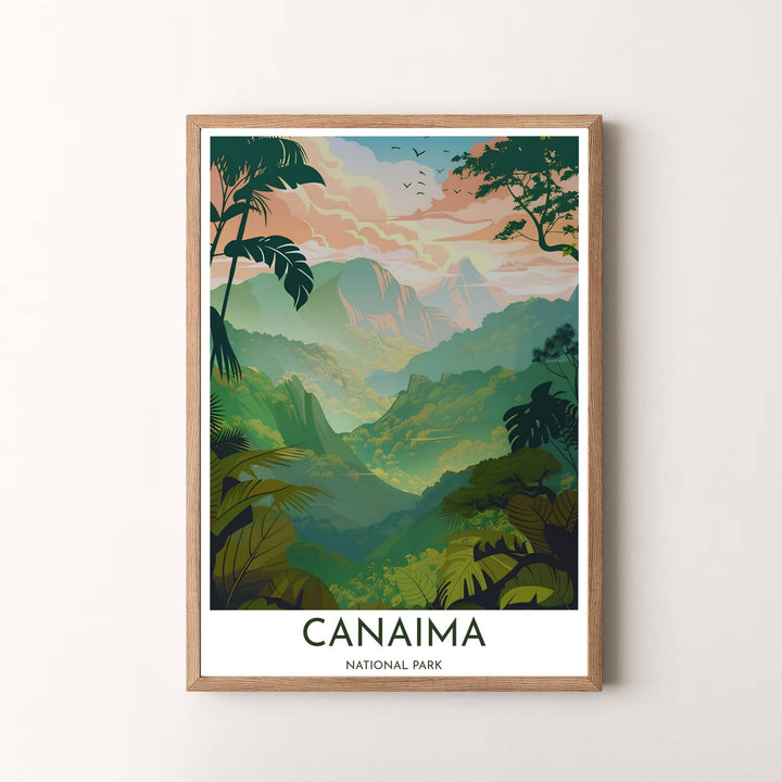 Modern tropical travel artwork featuring a serene sunrise view across Canaima National Park in Venezuela. Available in the MapYourDreams studio, this geographic print is offered as unframed archival paper, framed wall art, or gallery canvas wraps.