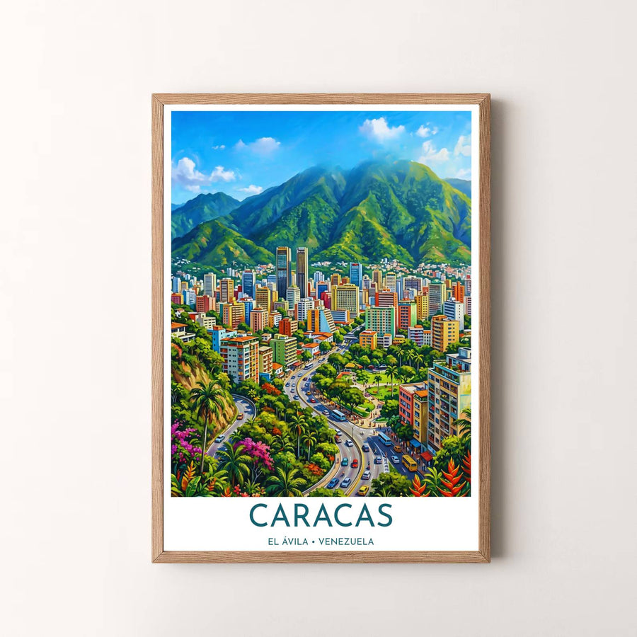 Modern tropical travel artwork featuring a breathtaking view of Caracas buildings, blooming flowers, and El Ávila National Park. Available in the MapYourDreams studio, this geographic print is offered as unframed archival paper, framed wall art, or gallery canvas wraps.
