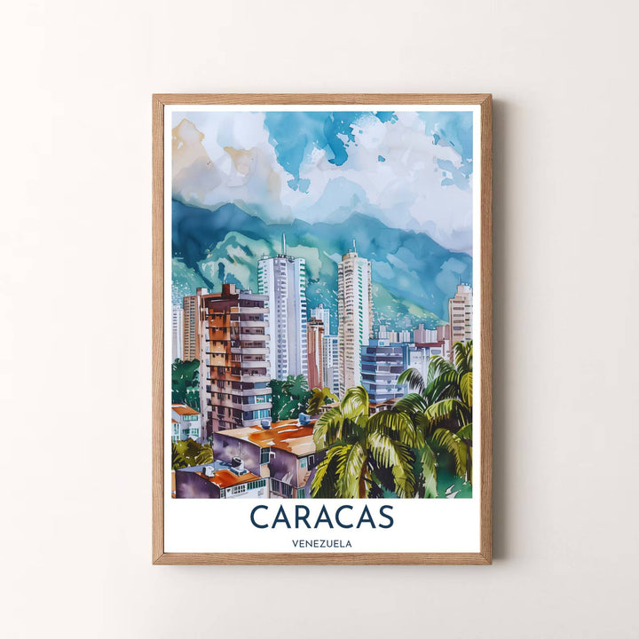 Modern watercolor travel artwork featuring a serene view of Caracas buildings framed by palm leaves and El Ávila National Park. Available in the MapYourDreams studio, this geographic print is offered as unframed archival paper, framed wall art, or gallery canvas wraps.