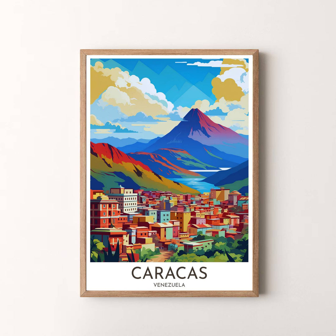 Modern graphic travel artwork featuring a breathtaking view of Caracas valley homes and Mount El Ávila in Venezuela. Available in the MapYourDreams studio, this geographic print is offered as unframed archival paper, framed wall art, or gallery canvas wraps.