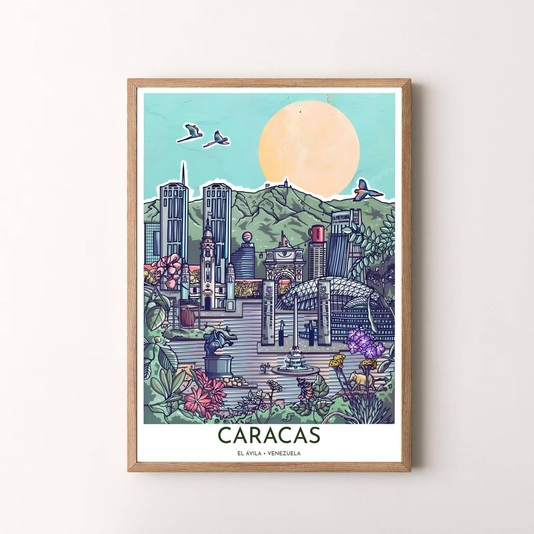 Modern graphic travel artwork featuring an eclectic view of Caracas landmarks, tropical flowers, and Mount El Ávila. Available in the MapYourDreams studio, this geographic print is offered as unframed archival paper, framed wall art, or gallery canvas wraps. 