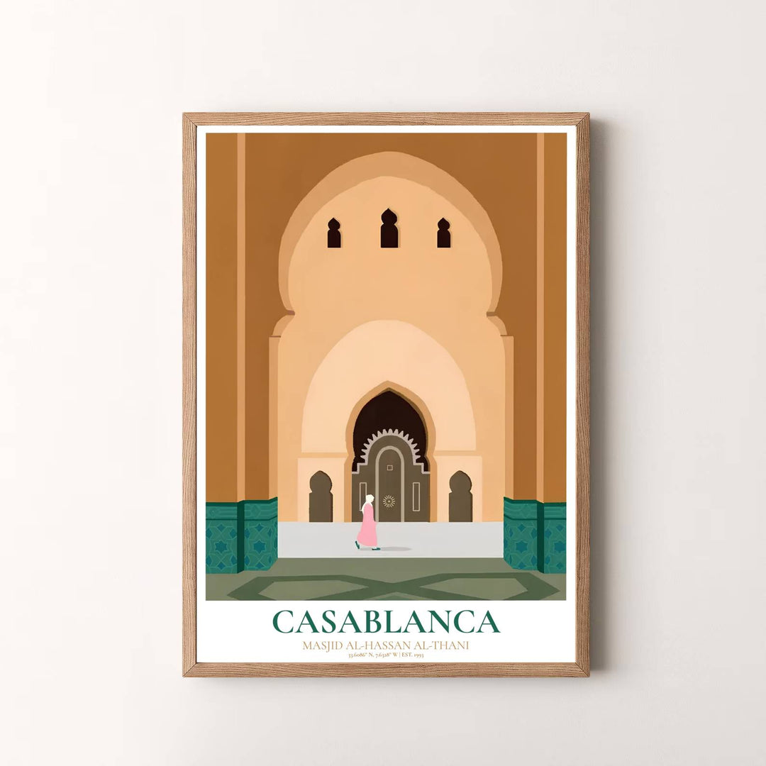 Minimalist travel wall art print of Casablanca Hassan II Mosque with warm sandstone tones and clean vector geometry. Presented by MapYourDreams, this artwork is available in flexible options including unframed paper, custom wooden frames, and gallery canvas wraps for timeless wall decor.