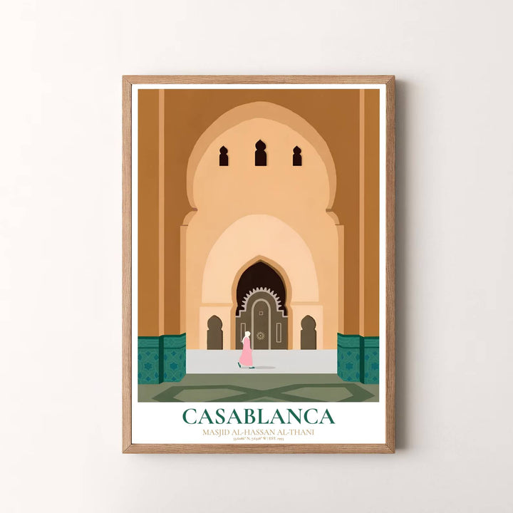 Minimalist travel wall art print of Casablanca Hassan II Mosque with warm sandstone tones and clean vector geometry. Presented by MapYourDreams, this artwork is available in flexible options including unframed paper, custom wooden frames, and gallery canvas wraps for timeless wall decor.