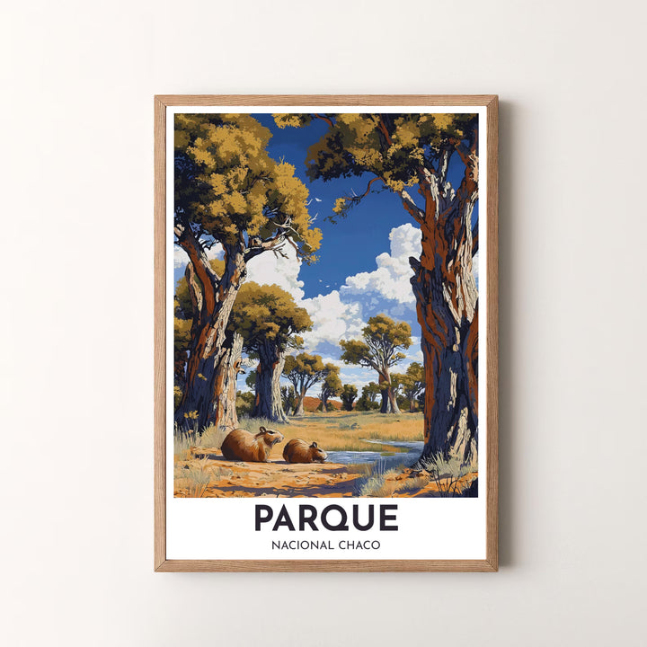 Modern vintage-style national park poster featuring capybaras and savanna scenery in Northern Argentina. Available in the MapYourDreams studio, this geographic print is offered as unframed archival paper, framed wall art, or gallery canvas wraps.