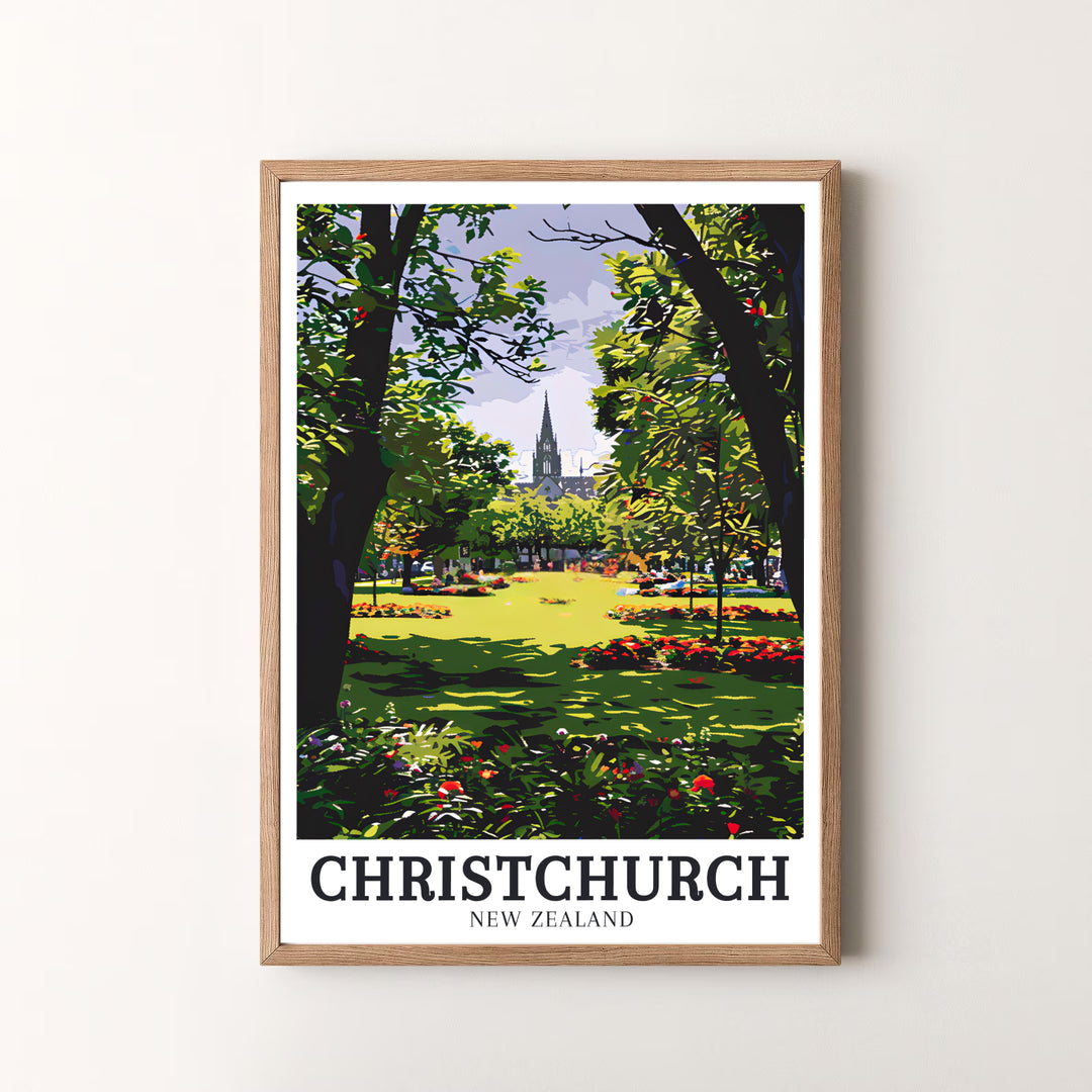 Panoramic parkland perspectives of the iconic Christchurch Botanic Gardens star in this travel poster. MapYourDreams offers versatile framed, unframed, and canvas print options to refresh your decor.
