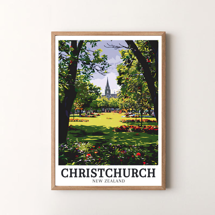 Panoramic parkland perspectives of the iconic Christchurch Botanic Gardens star in this travel poster. MapYourDreams offers versatile framed, unframed, and canvas print options to refresh your decor.