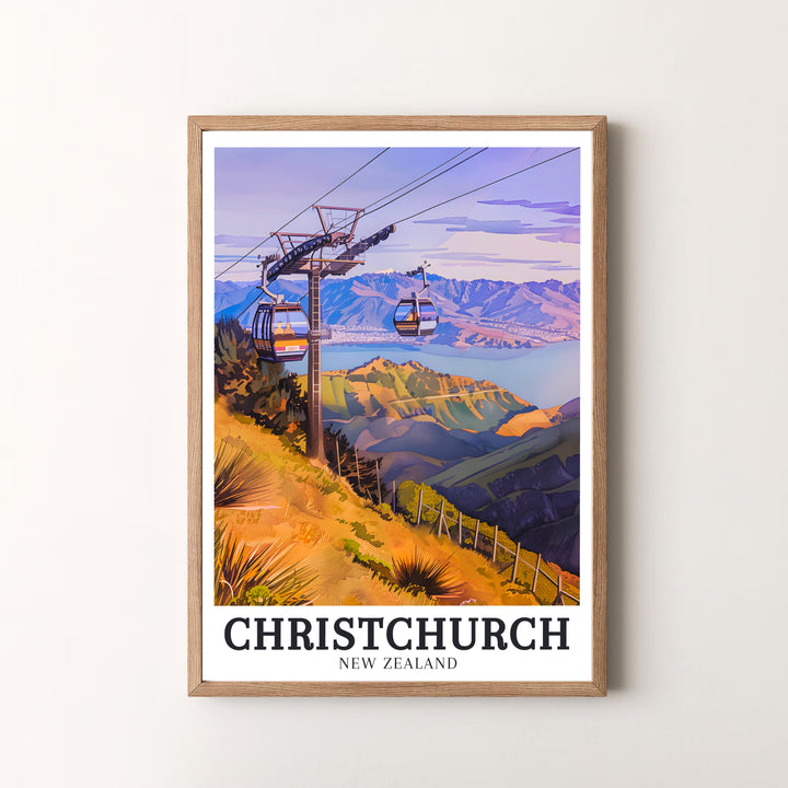 Vibrant aerial perspectives of the gondola, Port Hills, and Lake Ellesmere in ChristChurch star in this retro travel poster print. MapYourDreams offers versatile framed, unframed, and canvas options to refresh your space.
