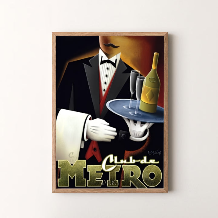 Bold jazz-age art piece detailing a tuxedo waiter, silver tray, and metallic gold letters for Club de Metro, available at MapYourDreams as an unframed print, a stretched canvas, or custom framing options to complement statement gallery wall setups.