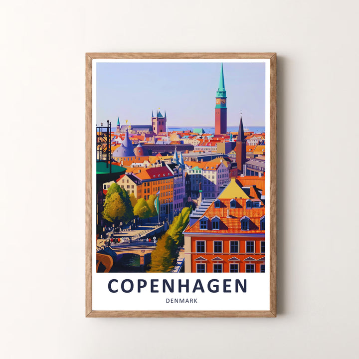 Premium travel art poster of Denmark featuring Copenhagen City Hall and Round Tower skyline. Offered by MapYourDreams, this artwork is available in flexible options including unframed paper, custom wooden frames, and gallery canvas wraps.
