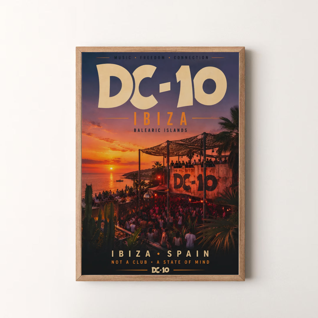 Vintage electronic music print of DC-10 in Ibiza featuring coastal party scenery, offered as paper prints, gallery canvas, and custom frames at MapYourDreams.