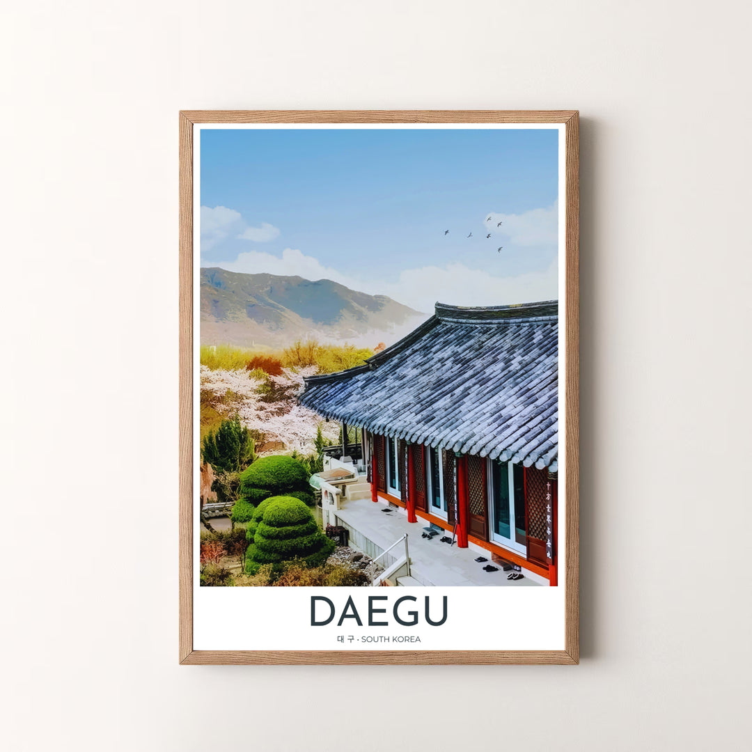 Fine art travel poster of Donghwasa Temple in Daegu, South Korea, capturing the peaceful synergy of historic temple halls, manicured topiary, and mountain ridgelines. Offered by MapYourDreams, this artwork is available in flexible options including unframed paper, custom wooden frames, and gallery canvas wraps.