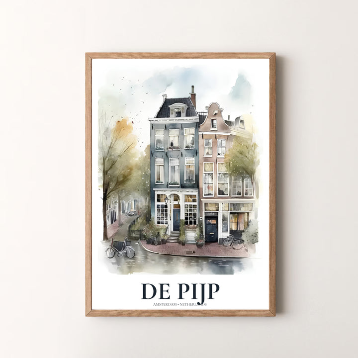 Detailed watercolor art piece showcasing shopfront windows, gabled roofs, and bicycles in De Pijp Amsterdam Netherlands, available at MapYourDreams as an unframed print, a stretched canvas, or custom framing options to complement statement wall setups.