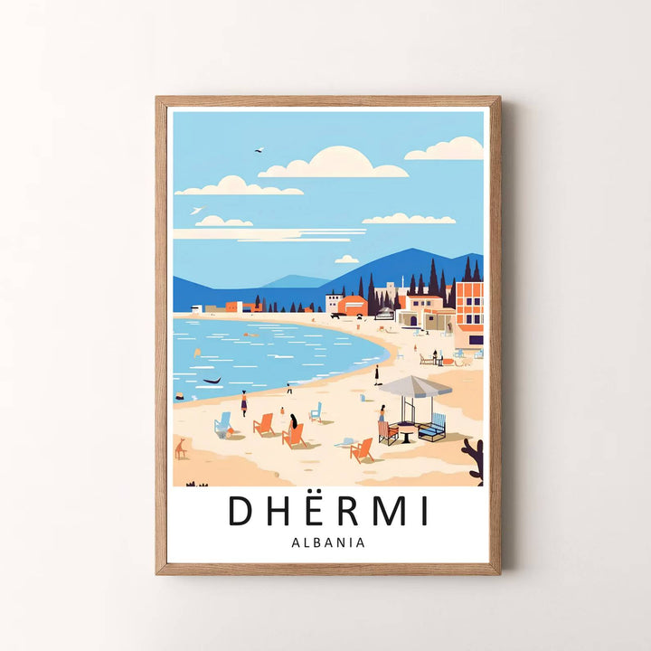 Premium travel poster depicting Dhërmi Riviera Albania in warm beach colors, designed to bring summer sunshine and coastal style into your home. Offered by MapYourDreams, this artwork is available in flexible options including unframed paper, custom wooden frames, and gallery canvas wraps.