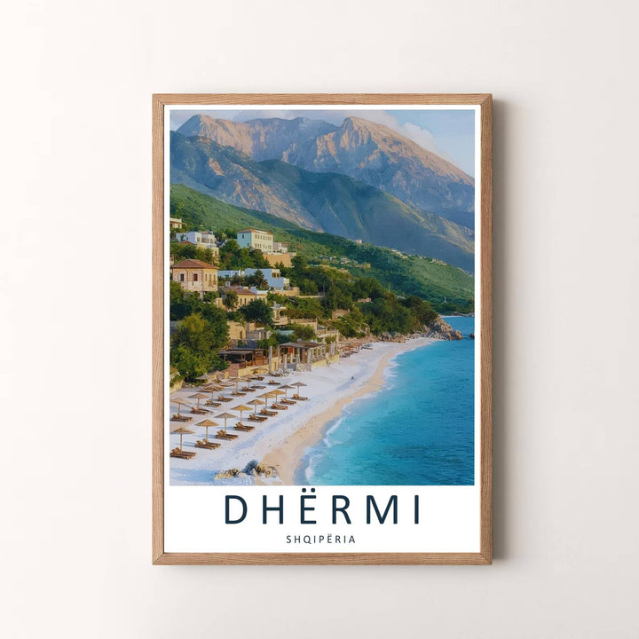 Panoramic coastal views of Dhërmi Beach, Albania, bring natural light and mountain grandeur into your home office or hallway decor. Choose your presentation from unframed paper stock, custom wood frames, or stretched gallery canvas.