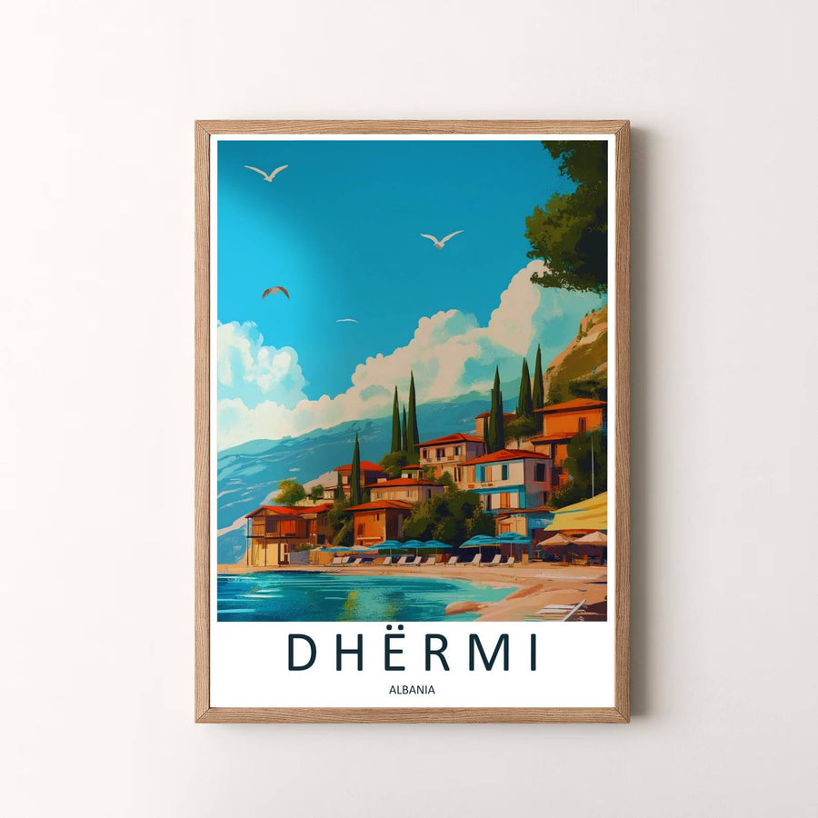 Elegant mid-century travel art poster featuring Dhërmi Riviera village, designed to bring European seaside charm to your living space. Offered by MapYourDreams, this artwork is available in flexible options including unframed paper, custom wooden frames, and gallery canvas wraps.
