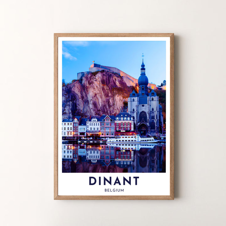 A striking real photography print highlighting the illuminated limestone mountain and river town of Dinant, Belgium. Offered by MapYourDreams, this artwork is available in flexible options including unframed paper, custom wooden frames, and gallery canvas wraps.