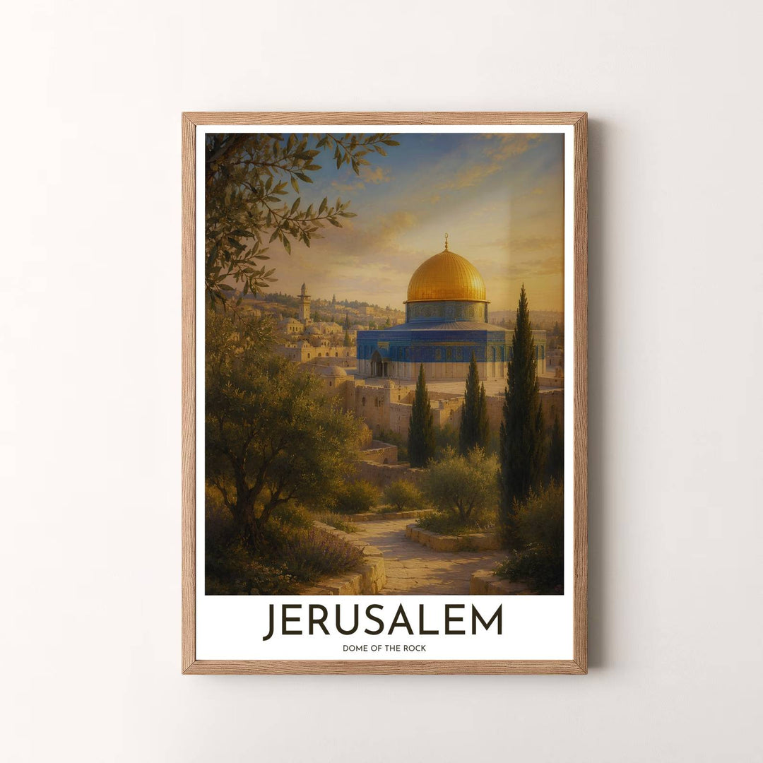 Peaceful travel wall art print of Jerusalem Dome of the Rock with olive grove trees, cypress silhouettes, and stone paths. Presented by MapYourDreams, this artwork is available in flexible options including unframed paper, custom wooden frames, and gallery canvas wraps for timeless wall decor.