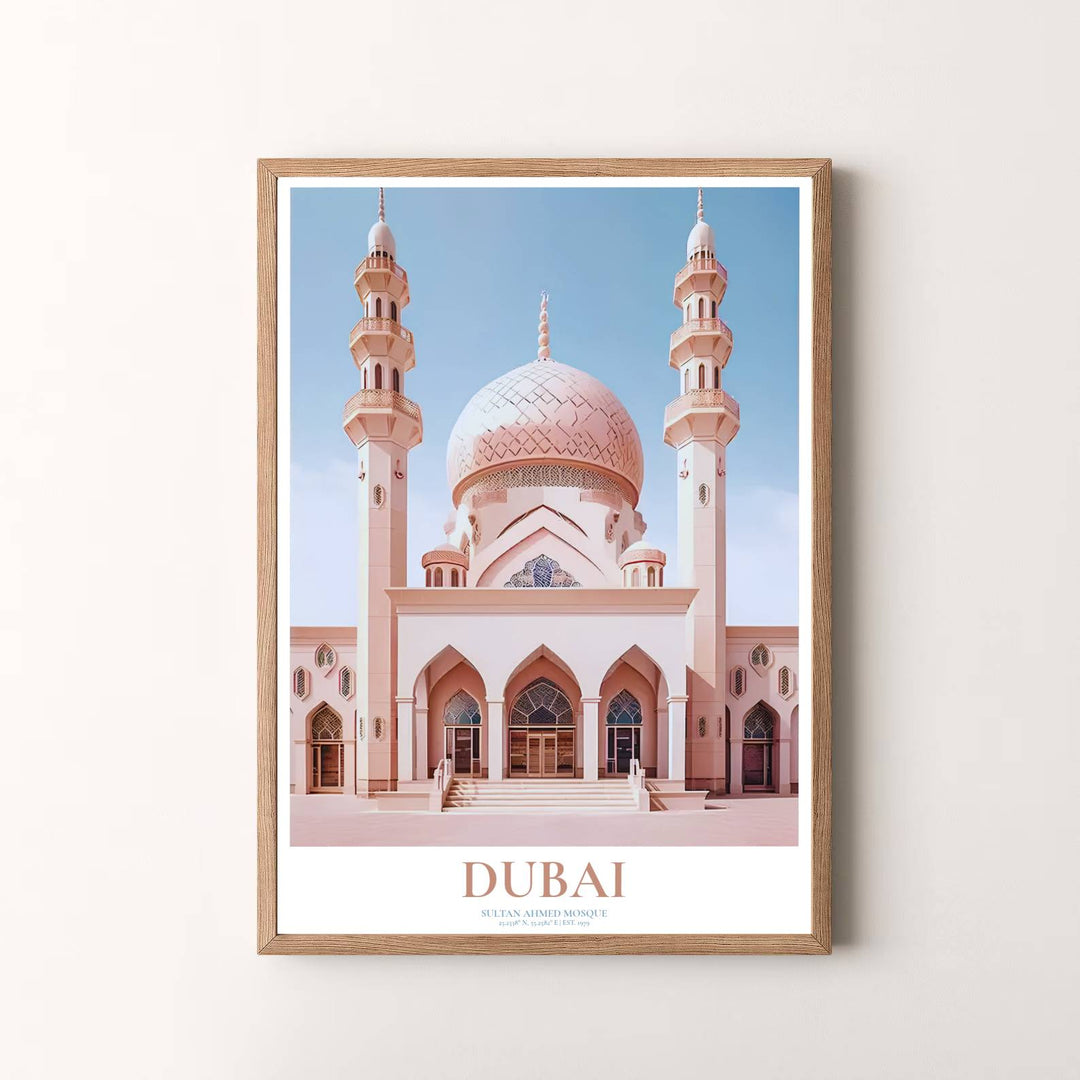 Pastel travel wall art print of Dubai Jumeirah Mosque with clean vector geometry and warm desert sandstone hues. Presented by MapYourDreams, this artwork is available in flexible options including unframed paper, custom wooden frames, and gallery canvas wraps for timeless wall decor.