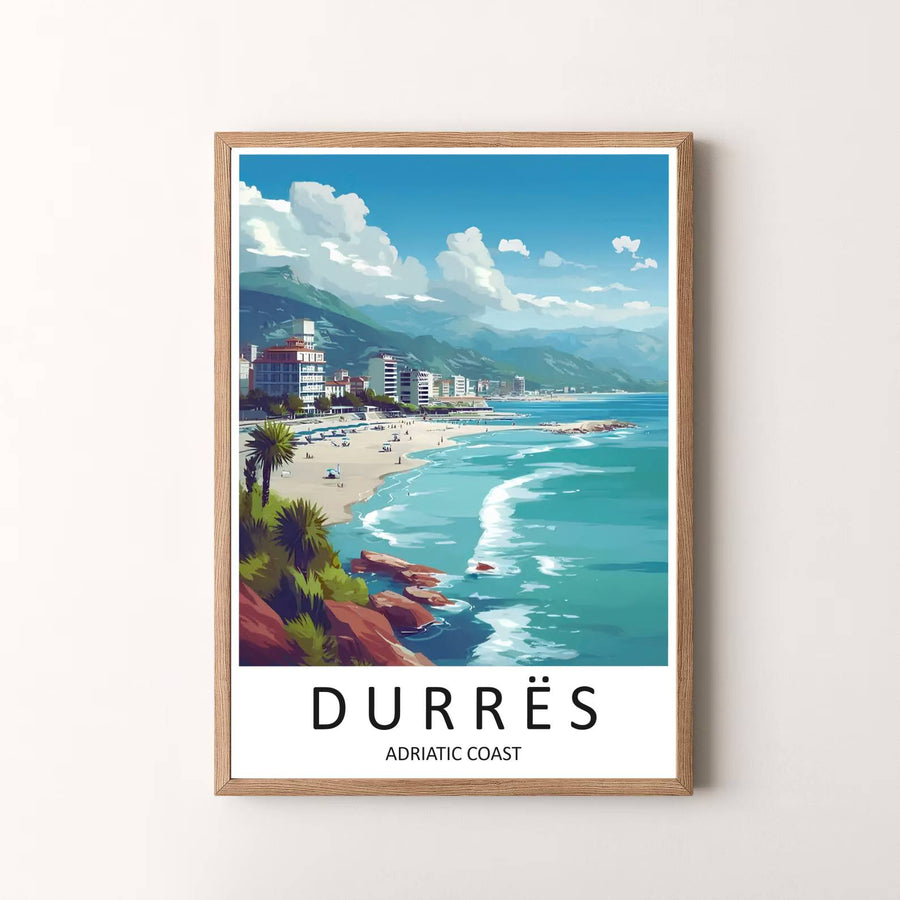 Elegant mid-century travel art poster featuring Durrës Adriatic Coast, designed to bring European seaside charm into your living space. Choose your presentation from unframed paper stock, custom wood frames, or stretched gallery canvas.
