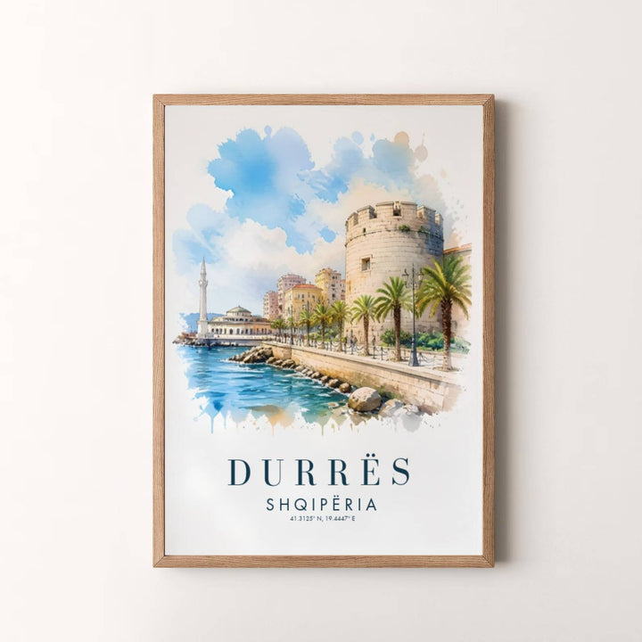 Elegant cartographic watercolor art poster featuring Durrës Venetian Tower, designed to bring European historical charm into your living space. Choose your presentation from unframed paper stock, custom wood frames, or stretched gallery canvas.