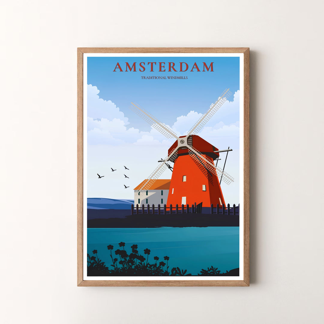 Bold graphic art piece detailing a classic red windmill, waterfront views, and flying birds in Amsterdam Netherlands, available at MapYourDreams as an unframed print, a stretched canvas, or custom framing options to complement statement wall setups.