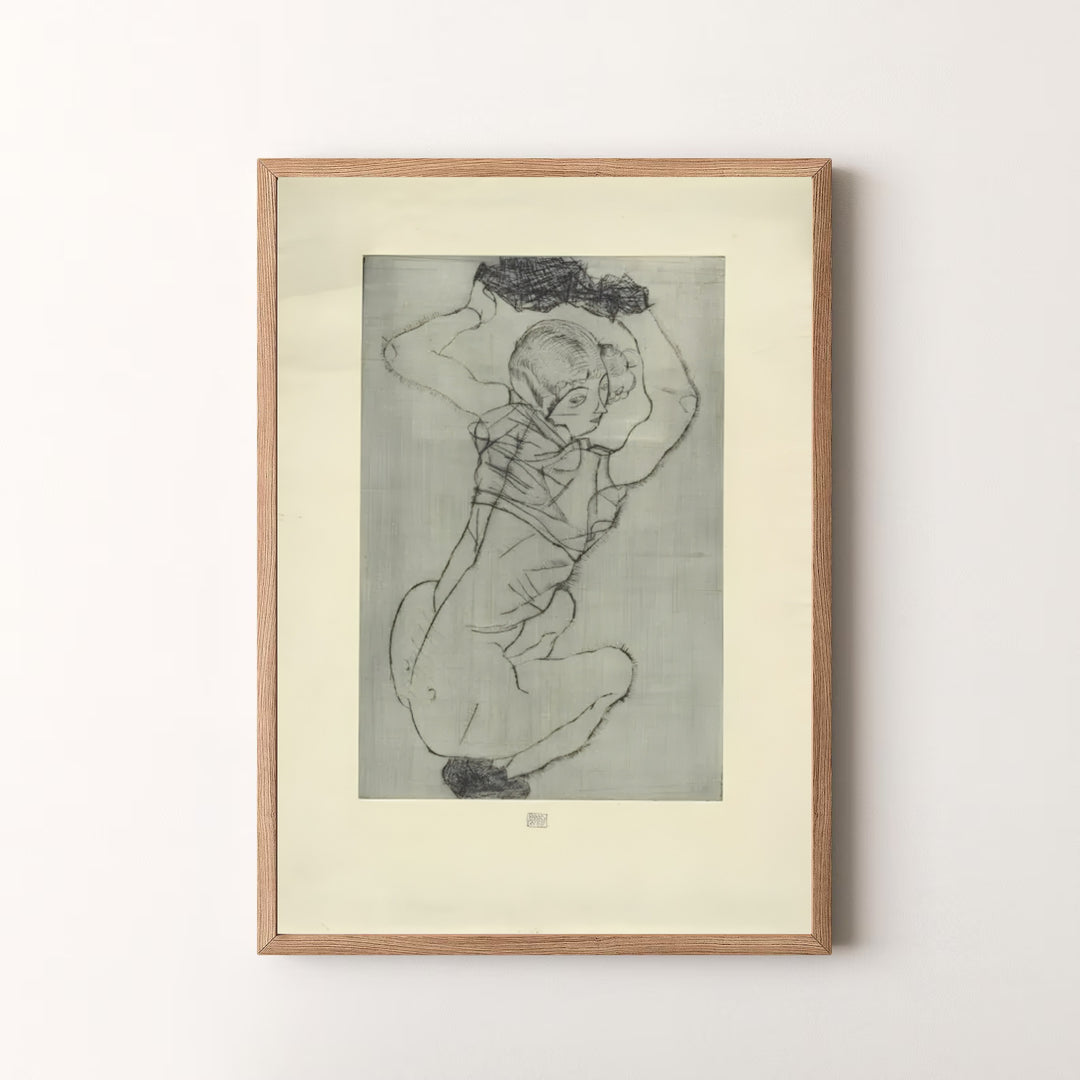 Vintage Expressionist figure drawing wall art of Egon Schiele Crouching Female Nude 1914 preserved in Leopold Museum Vienna. MapYourDreams offers versatile framed prints, unframed paper wall poster decor, and gallery canvas print choices for every room in your home.