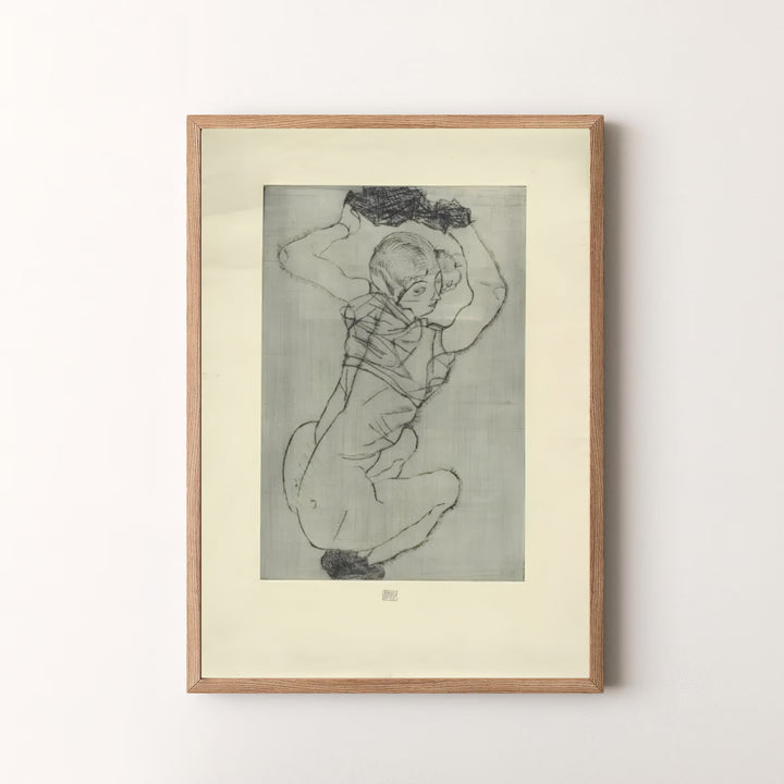 Vintage Expressionist figure drawing wall art of Egon Schiele Crouching Female Nude 1914 preserved in Leopold Museum Vienna. MapYourDreams offers versatile framed prints, unframed paper wall poster decor, and gallery canvas print choices for every room in your home.