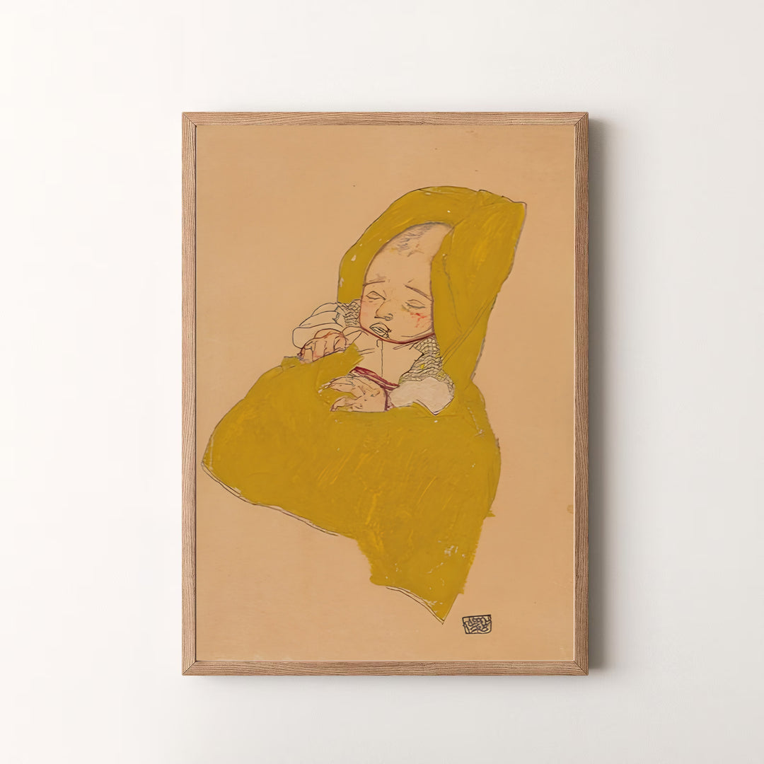 Vintage Expressionist nursery wall art of Egon Schiele Infant On A Changing Pad 1915 preserved in Leopold Museum Vienna. MapYourDreams offers versatile framed prints, unframed paper wall poster decor, and gallery canvas print choices for every room in your home.