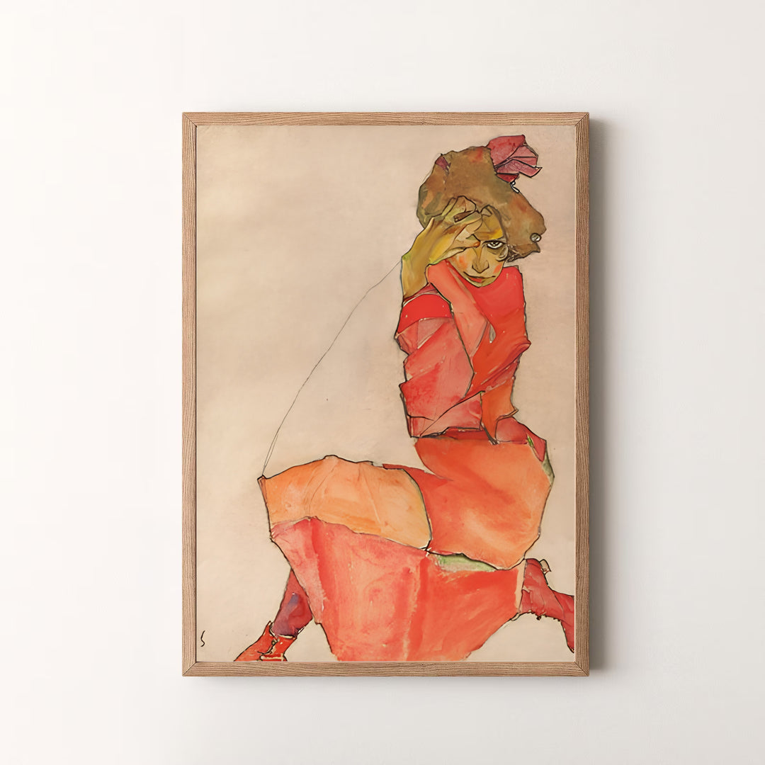Vintage Expressionist figure drawing wall art of Egon Schiele Kneeling Female In Orange Red Dress 1910 preserved in Leopold Museum Vienna. MapYourDreams offers versatile framed prints, unframed paper wall poster decor, and gallery canvas print choices for every room in your home.