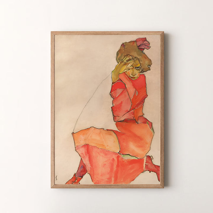 Vintage Expressionist figure drawing wall art of Egon Schiele Kneeling Female In Orange Red Dress 1910 preserved in Leopold Museum Vienna. MapYourDreams offers versatile framed prints, unframed paper wall poster decor, and gallery canvas print choices for every room in your home.